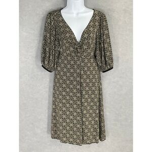 MAX STUDIO Women's Black Tan Geometric Print V Neck Babydoll Midi Dress Sz M